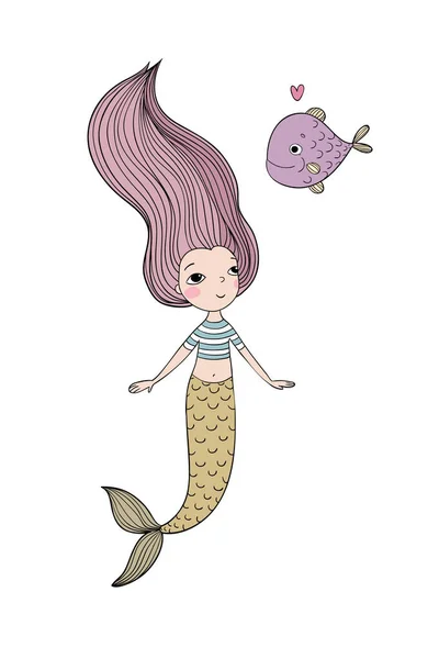 Hermosa sirenita y pescado. Sirena . — Vector de stock