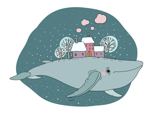 Grande baleia bonita com casas e árvores na parte de trás . — Vetor de Stock