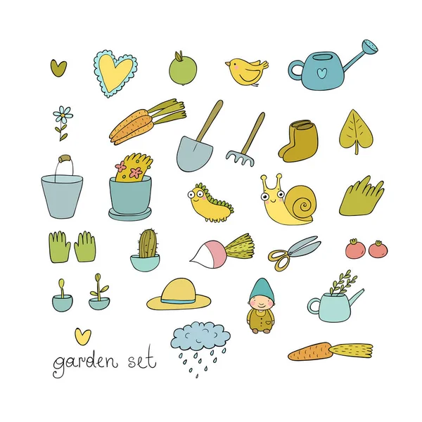 Set of garden objects. Plants, pots and tools for gardening. Vegetables and insects. — Stock Vector