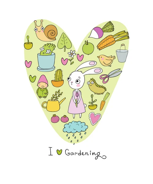 Linda chica de dibujos animados conejo y conjunto de objetos de jardín. Plantas, macetas y herramientas para la jardinería . — Vector de stock