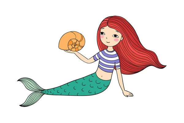 Schöne kleine Meerjungfrau und Muschel. Sirene. — Stockvektor