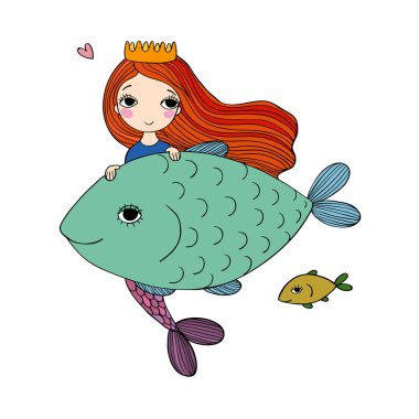 Sevimli çizgi deniz kızı ve balık. Siren. Deniz tema. Beyaz arka plan üzerinde izole nesneleri.