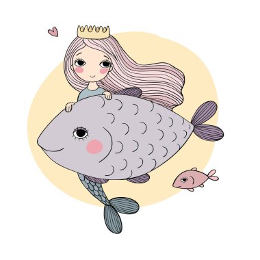 Sevimli çizgi deniz kızı ve balık. Siren. Deniz tema. Beyaz arka plan üzerinde izole nesneleri.