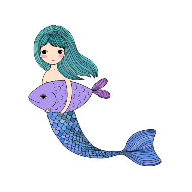 Sevimli çizgi deniz kızı ve balık. Siren. Deniz tema. Beyaz arka plan üzerinde izole nesneleri.