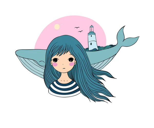 Bella ragazza marinaio con una balena . — Vettoriale Stock