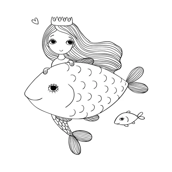 Sevimli çizgi deniz kızı ve balık. Siren. Deniz tema. Beyaz arka plan üzerinde izole nesneleri.