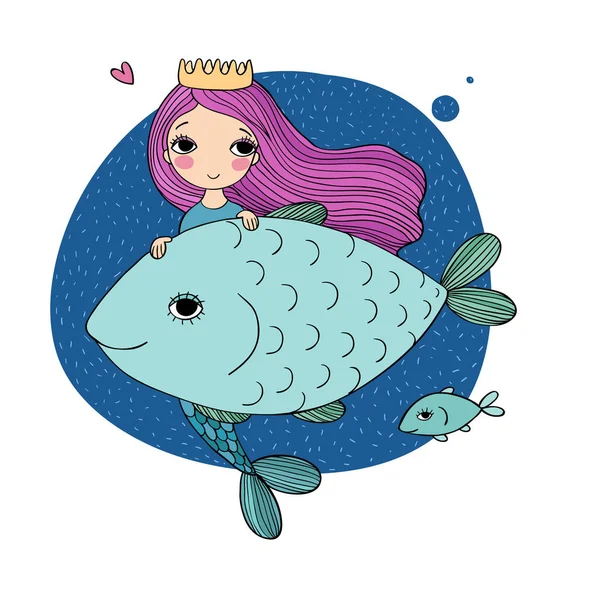 Sevimli çizgi deniz kızı ve balık. Siren. Deniz tema. Beyaz arka plan üzerinde izole nesneleri.