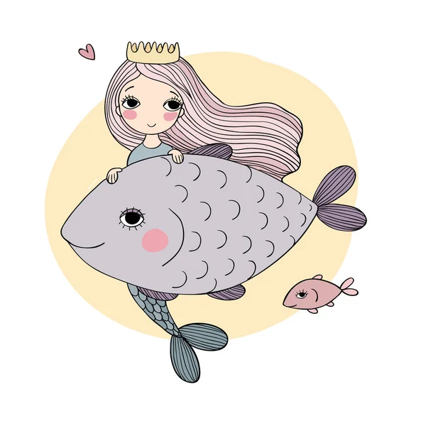 Sevimli çizgi deniz kızı ve balık. Siren. Deniz tema. Beyaz arka plan üzerinde izole nesneleri.