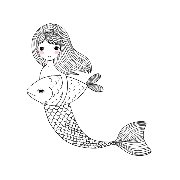 Cute cartoon mermaid and fish. Siren. Sea theme. isolated objects on white background. — Stock Vector