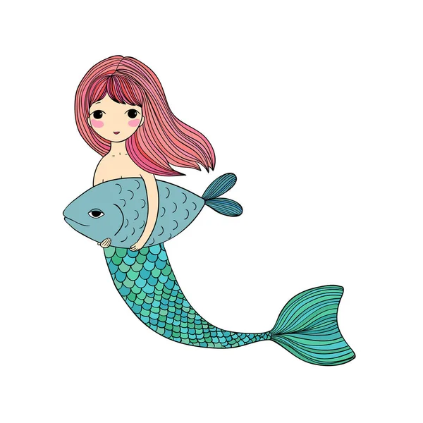 Sevimli çizgi deniz kızı ve balık. Siren. Deniz tema. Beyaz arka plan üzerinde izole nesneleri.