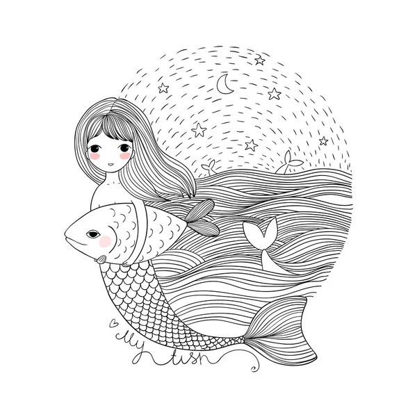 Mignon dessin animé sirène et poisson. Sirène. Thème mer. objets isolés sur fond blanc . — Image vectorielle