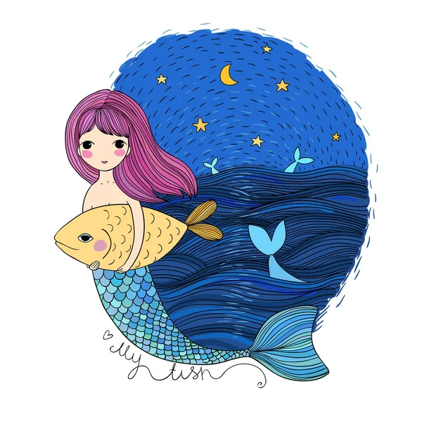 Cute cartoon mermaid and fish. Siren. Sea theme. isolated objects on white background. — Stock Vector