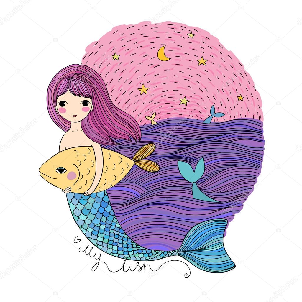 Cute cartoon mermaid and fish. Siren. Sea theme. isolated objects on white background.
