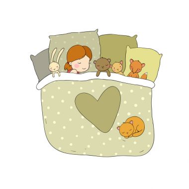 Çocuk ona oyuncaklar ile uyuyor.