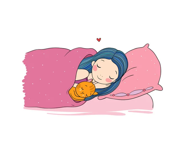 Спящая девушка и кошка в постели. Спокойной ночи. . — стоковый вектор