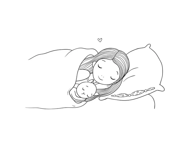 Schlafendes Mädchen und Katze im Bett. Gute Nacht. — Stockvektor