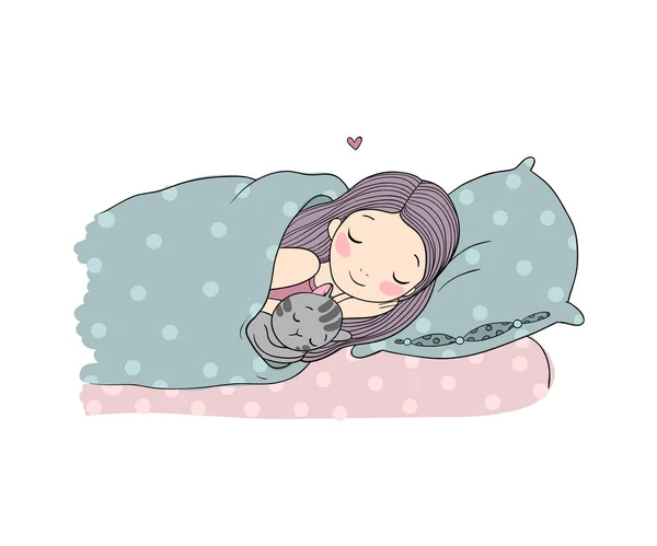 Спящая девушка и кошка в постели. Спокойной ночи. . — стоковый вектор