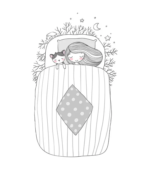 Une fille et un chat dorment au lit. Bonne nuit. . — Image vectorielle