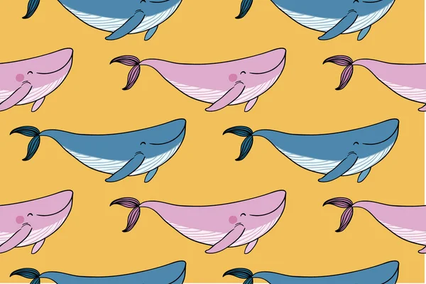 Patroon met een kleine cartoon walvis. — Stockvector