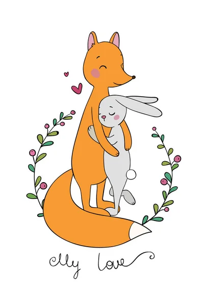 素敵な漫画のキツネとウサギ。幸せな動物. — ストックベクタ
