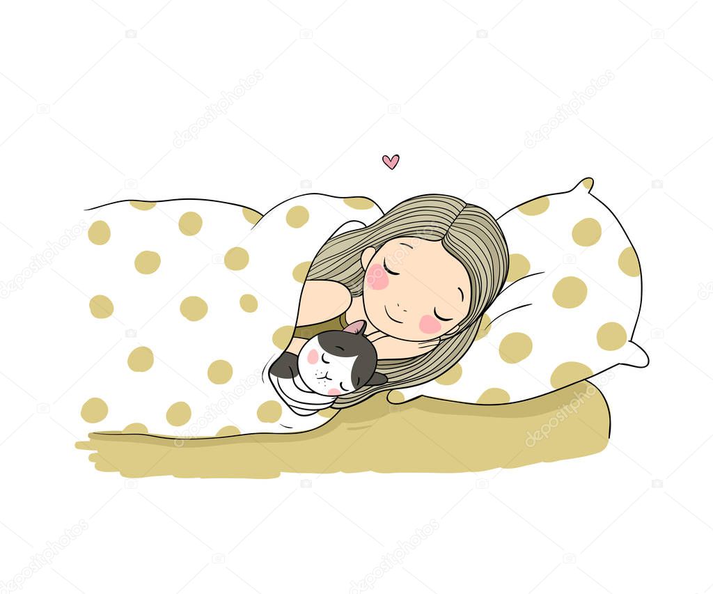 Sleeping girl and cat in bed. Good night.