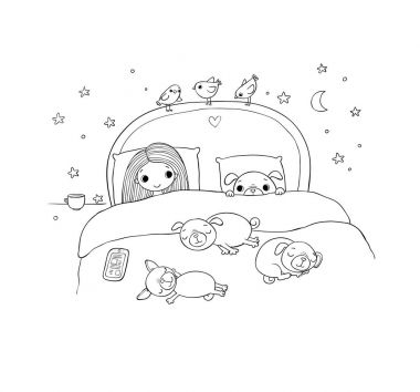 Küçük bir kız ve sevimli pugs yatağa yatıyor musun.