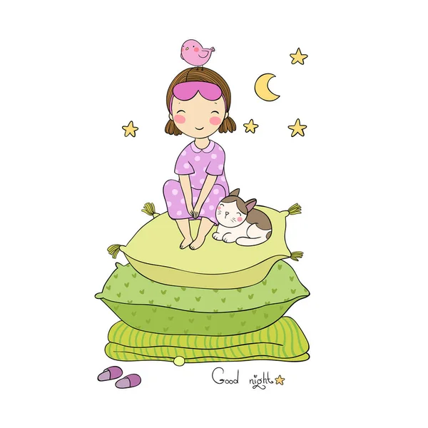 Chica y gatos. Buenas noches. Dulces sueños . — Archivo Imágenes Vectoriales