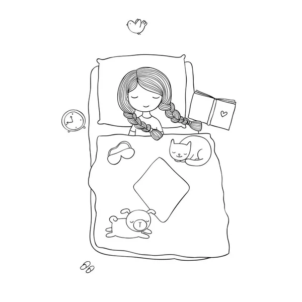 Ragazza, cani e gatti dormono a letto. Buonanotte. . — Vettoriale Stock