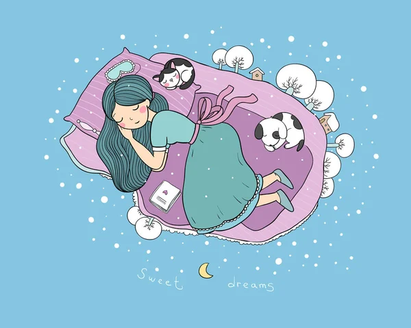 一个女孩, 一只狗和一只猫正在床上睡觉。雪中的冬景. — 图库矢量图片