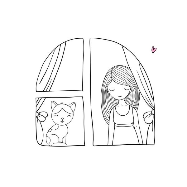 ผู้หญิงและแมวที่หน้าต่าง . — ภาพเวกเตอร์สต็อก