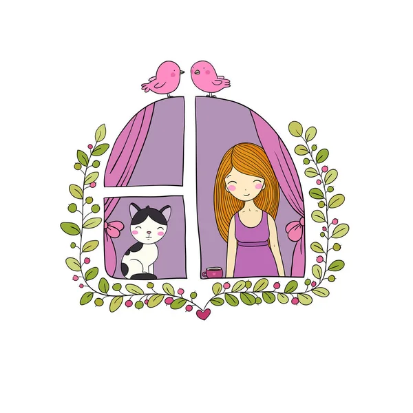 Chica y gato en la ventana . — Vector de stock