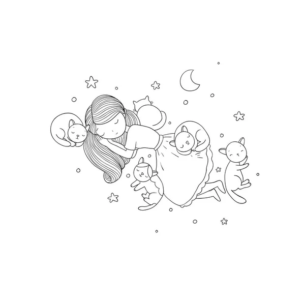 Una chica de dibujos animados y lindos gatos durmiendo. Adorables mascotas . — Vector de stock