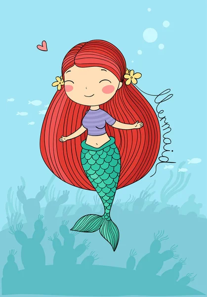 Beautiful little mermaid. Siren. Sea theme. — Stock Vector