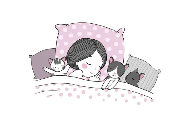 เด็กผู้หญิงและแมวนอนบนเตียง ฝันดีนะ . — ภาพเวกเตอร์สต็อก