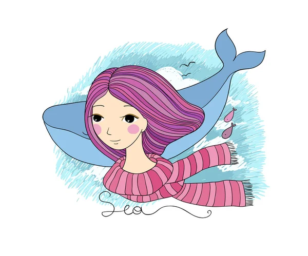 Bella ragazza marinaio con una balena . — Vettoriale Stock