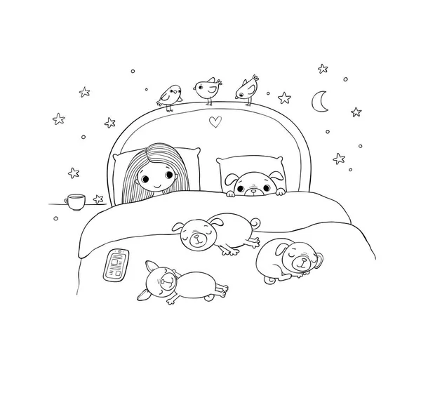 Una niña pequeña y lindos pugs están durmiendo en la cama . — Vector de stock