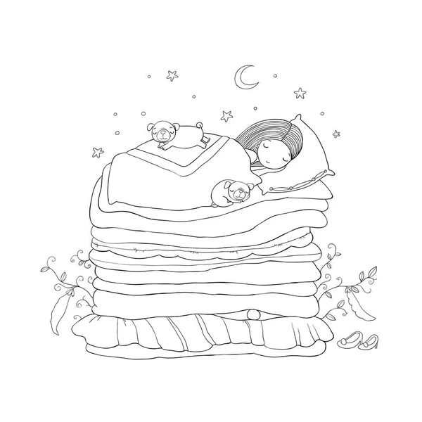 Una bambina e carini carlini dormono sul letto . — Vettoriale Stock