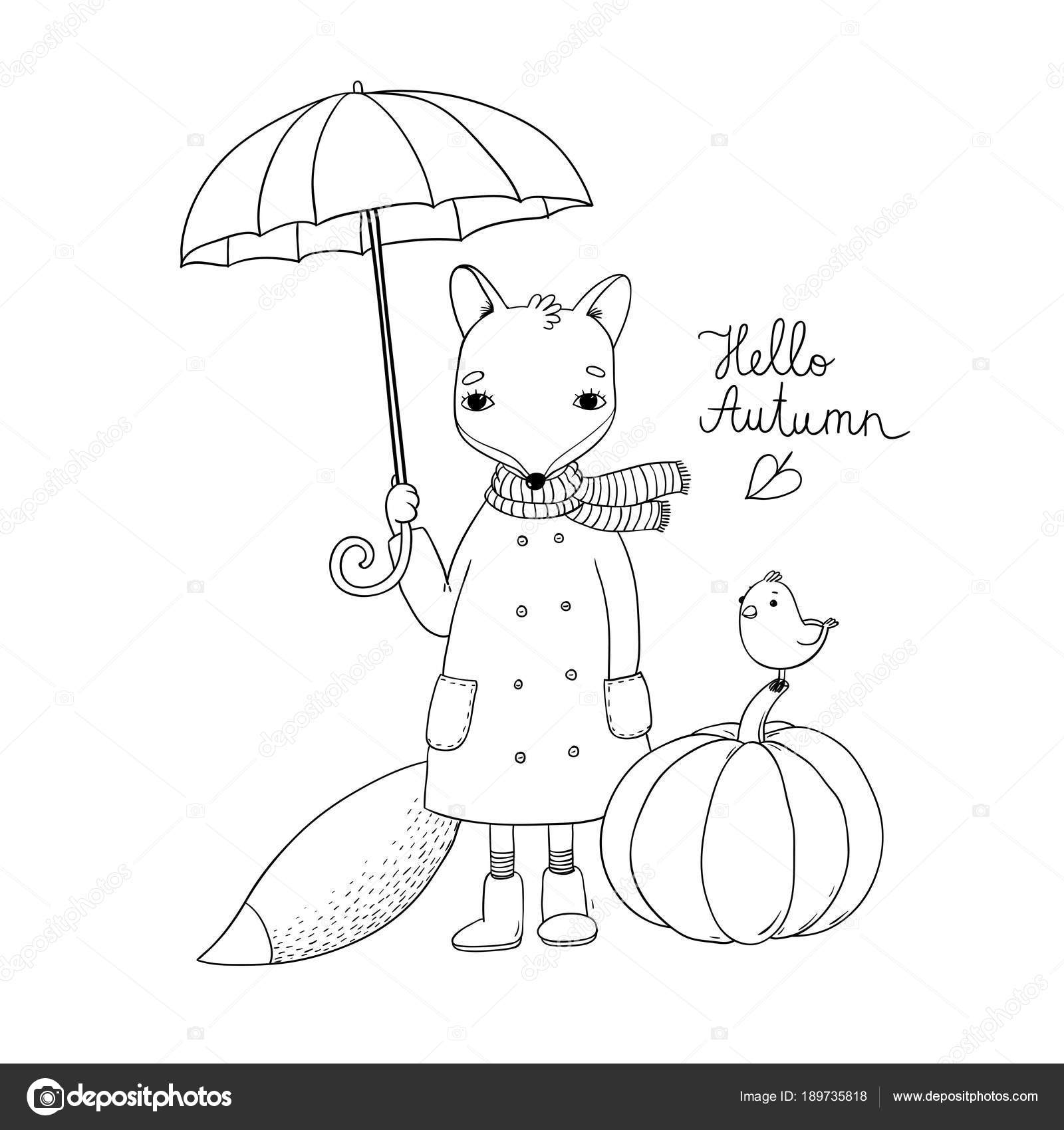 Dessin Animé Mignon Fox Sous Un Parapluie Et Un Petit Oiseau