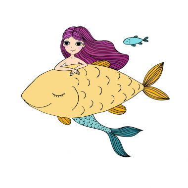 Güzel küçük deniz kızı ve büyük balık. Siren. Deniz Tema.