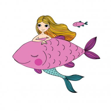 Güzel küçük deniz kızı ve büyük balık. Siren. Deniz Tema.
