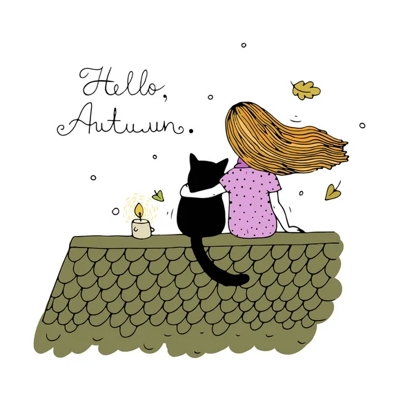 Chica y un gato en el techo — Archivo Imágenes Vectoriales