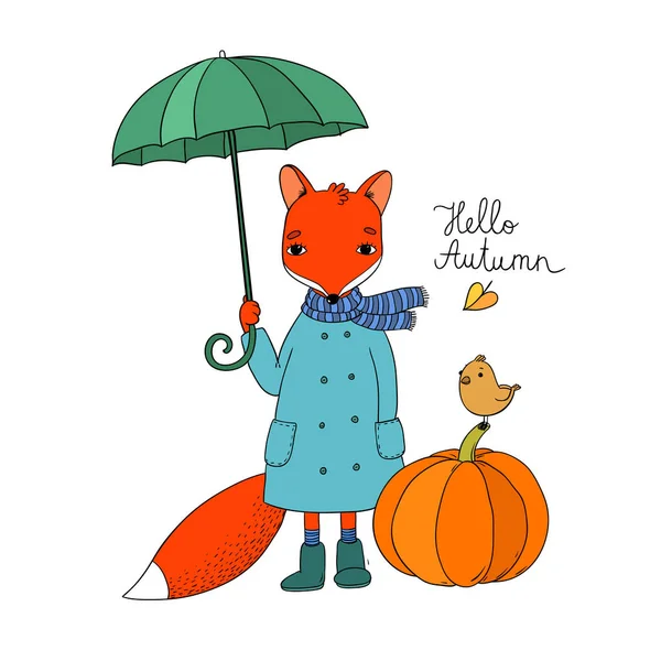Netter Comic-Fuchs unter einem Regenschirm und ein kleiner Vogel auf einem Kürbis. — Stockvektor