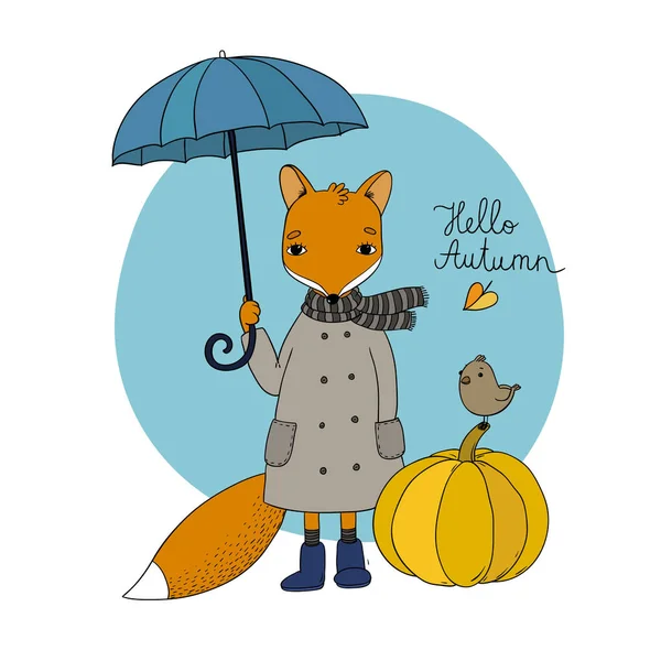 Cute cartoon fox under an umbrella and a small bird on a pumpkin. — Stock Vector