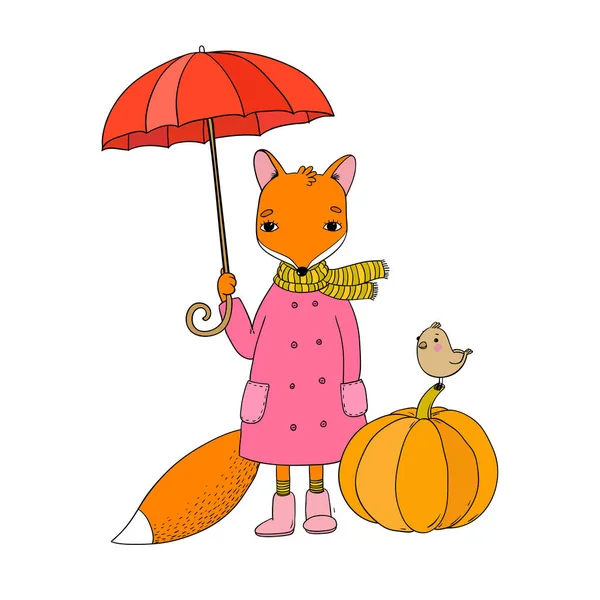 Cute cartoon fox under an umbrella and a small bird on a pumpkin. — Stock Vector