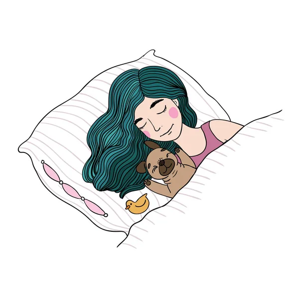 Dormir bela menina e um pug bonito . —  Vetores de Stock