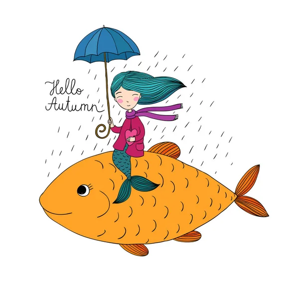 大きな魚に浮かぶ傘の下の美しい人魚. — ストックベクタ