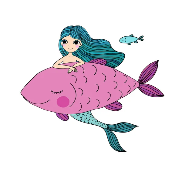 Hermosa sirenita y peces grandes. Sirena. Tema Mar . — Vector de stock