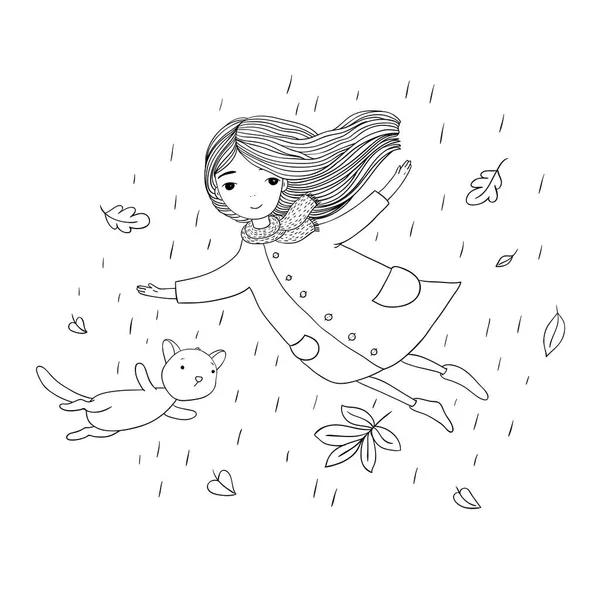 Vacker liten flicka och en gullig tecknad katt flyger med höstlöv. — Stock vektor