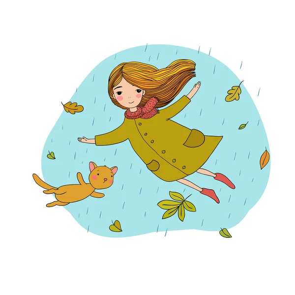 Vacker liten flicka och en gullig tecknad katt flyger med höstlöv. — Stock vektor