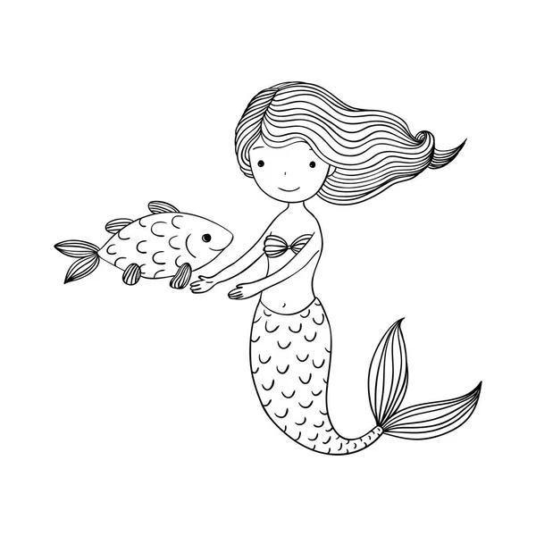 Schöne kleine Meerjungfrau und Fische. Sirene. — Stockvektor